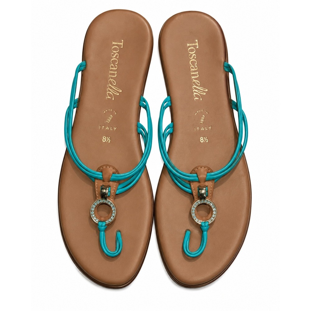 Italian Rhinestone Thong Sandals Turquoise Blue Flat Beach Resort Size 8.5